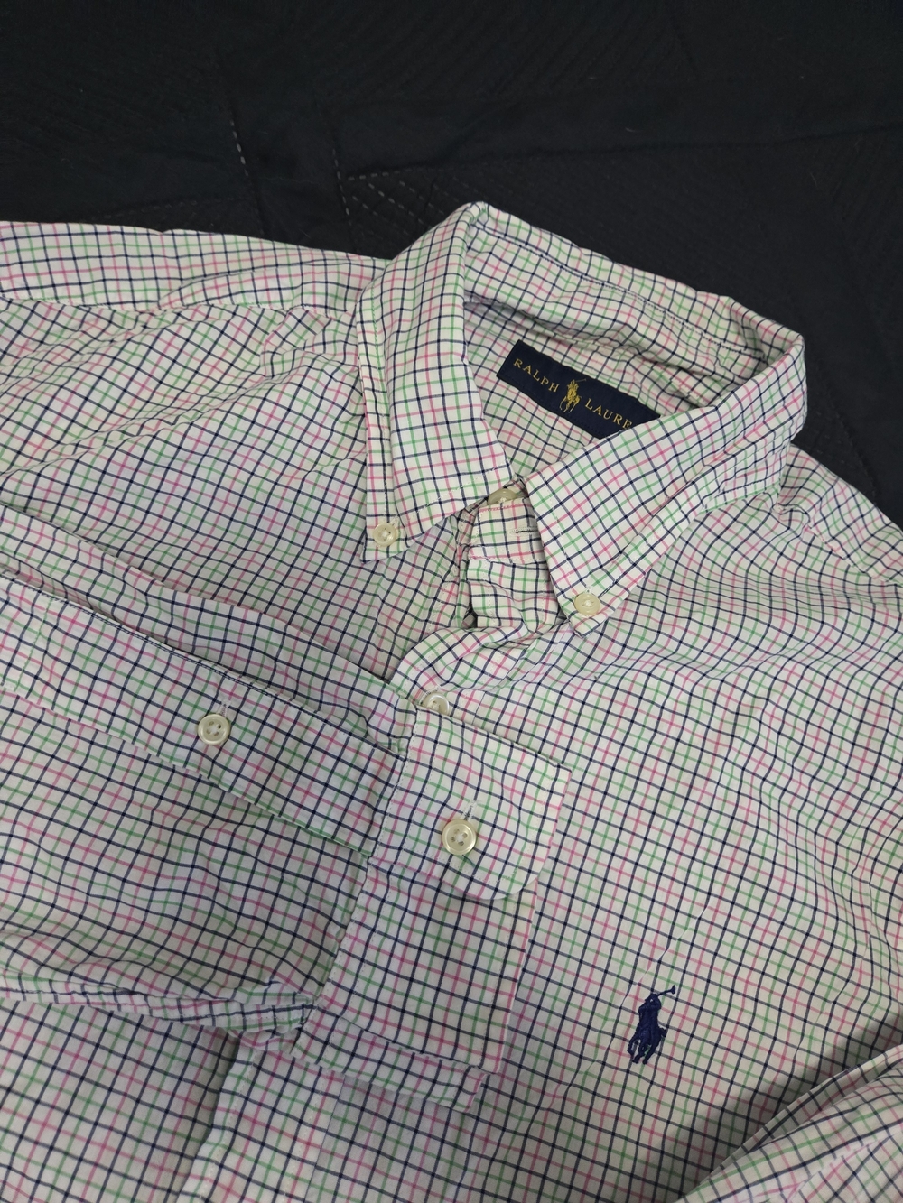 Ralph Lauren Men’s Plaid Button-Down Shirt in White with Pink & Green Check